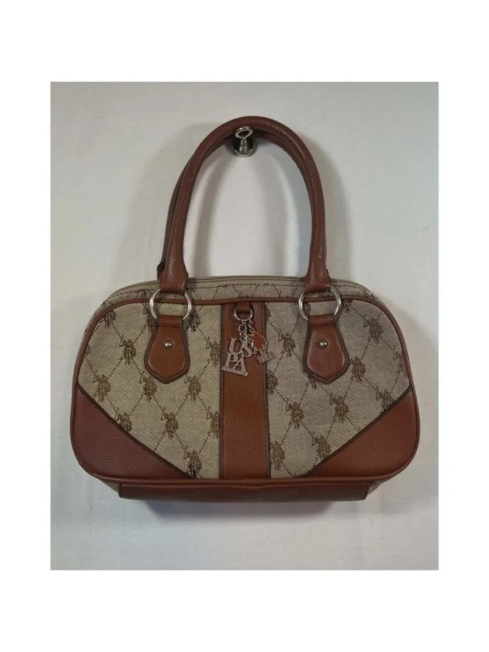 US Polo Assn Monogram Satchel Handbag Brown Canvas Faux Leather Horse Print Logo